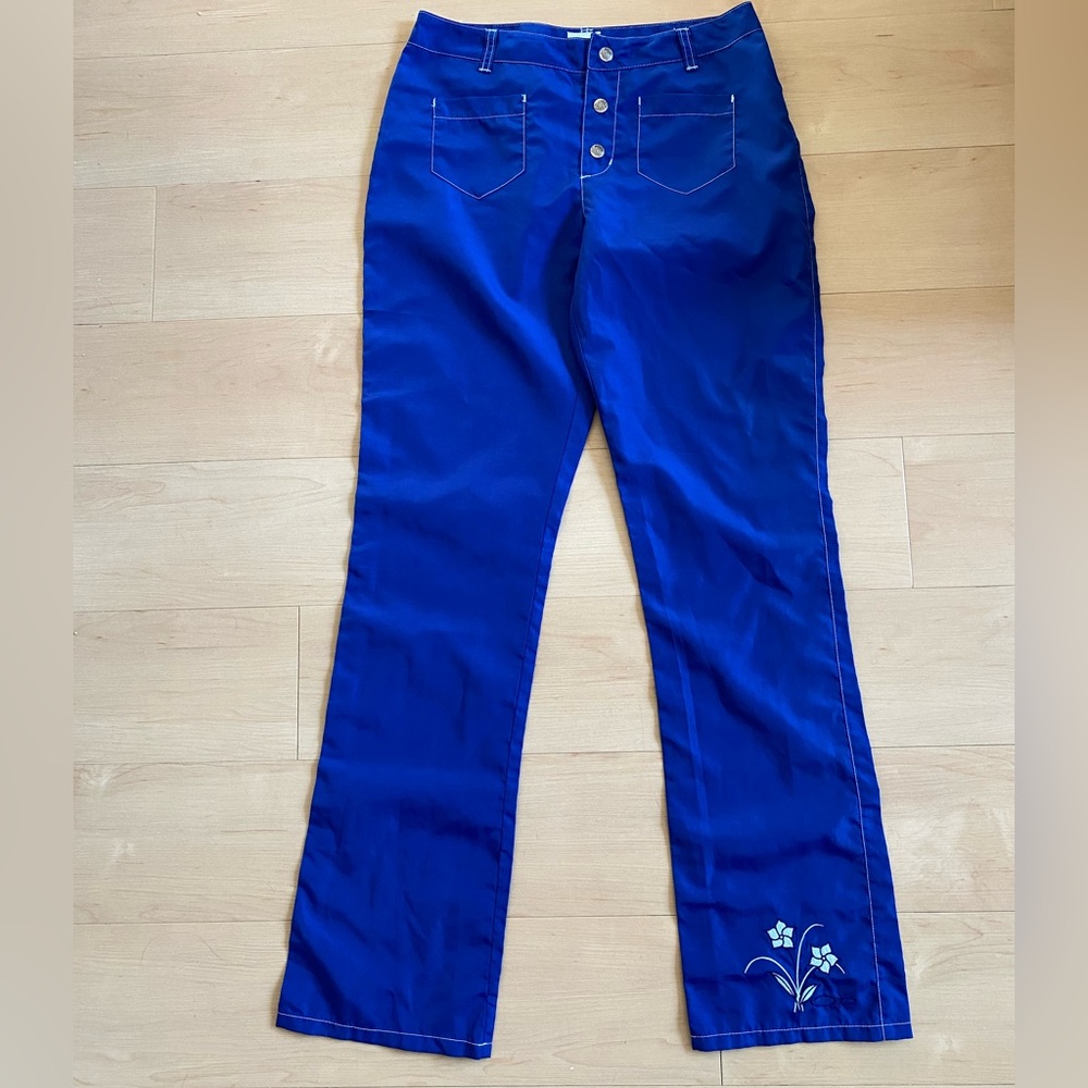 Vibrant Blue Flared Pants with Floral Embroidery